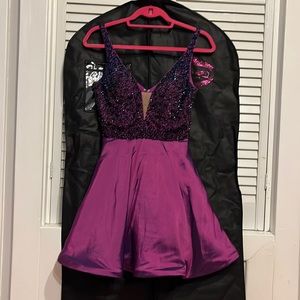 Sherri Hill purple dress, size 0, short satin bottom, shimmering beaded top.